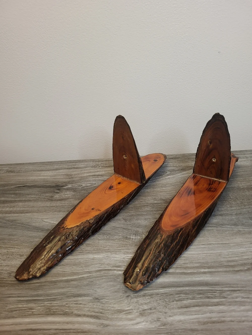Pair Vintage Handcrafted Live Edge Wood Wall Sconces Lacquer Finish
